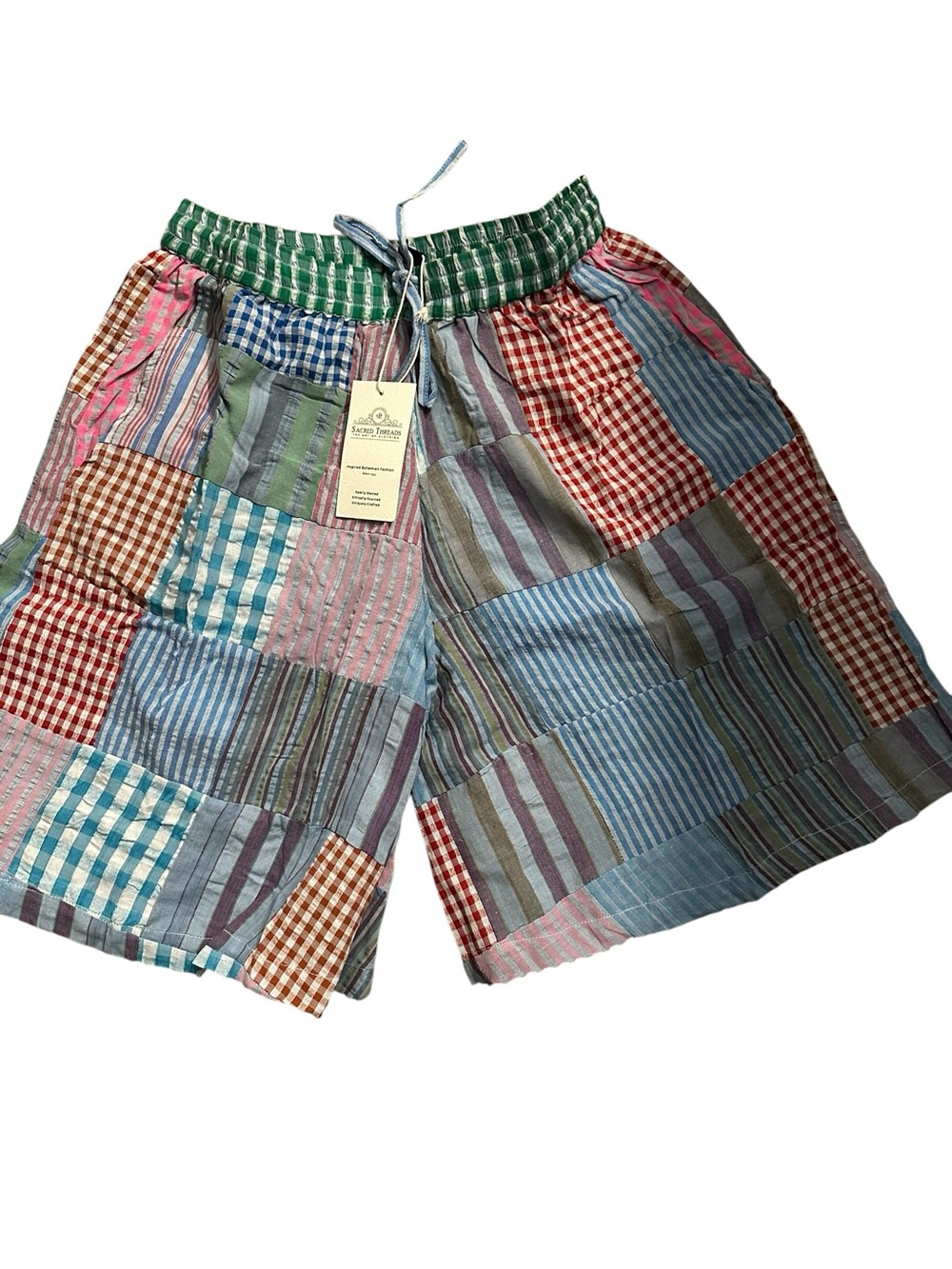 Sacred Threads Multicolor Patchwork Bermudas with elastic waistband. BL/RD12